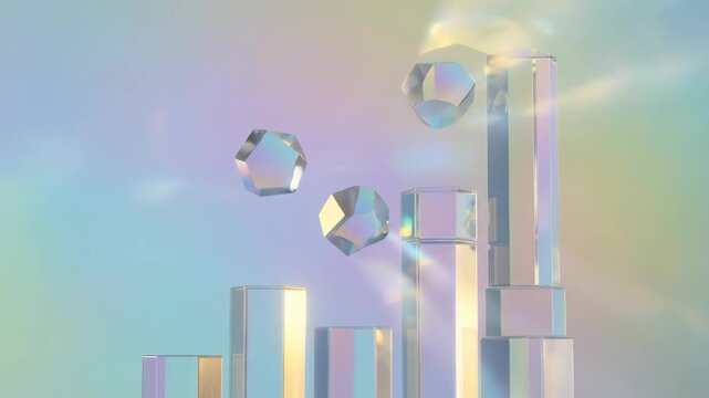 Transparent glass prisms and floating hexagonal shapes casting iridescent light and subtle refractions on a soft pastel background, forming a modern abstract composition