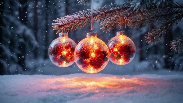 Magical Christmas glass baubles filled with frozen berries and warm fairy lights hanging on a pine branch in a snowy winter forest during snowfall
