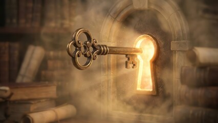 Antique Key Unlocking Glowing Door. Ai generation