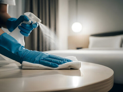 Professional cleaner sanitizing hotel room surface against viruses | Housekeeping staff disinfecting bedroom furniture with spray and cloth | Gloved hands deep cleaning hotel table for guest safety