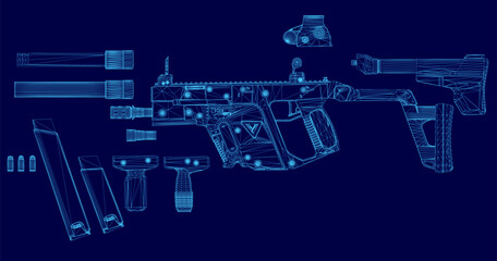 Fototapeta premium A disassembled machine gun blueprint on a blue background reveals its internal wireframe components and mechanical parts.