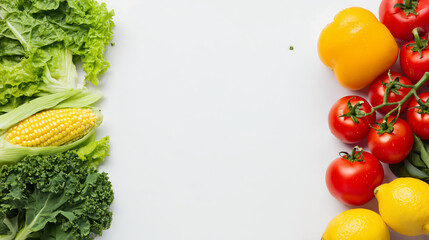 Fresh lettuce kale corn cucumber tomato lemon yellow bell pepper vegetable frame with copy space on white background