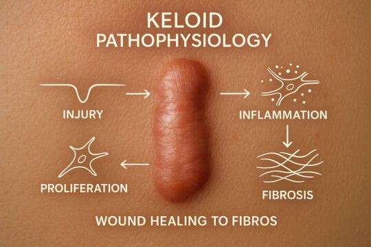 Keloid scar dermatology skin injury inflammation proliferation fibrosis pathophysiology wound healing scar tissue with soft glow anatomy style illustration showing keloid formation process real
