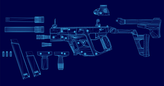 A disassembled machine gun blueprint on a blue background reveals its internal wireframe components and mechanical parts.