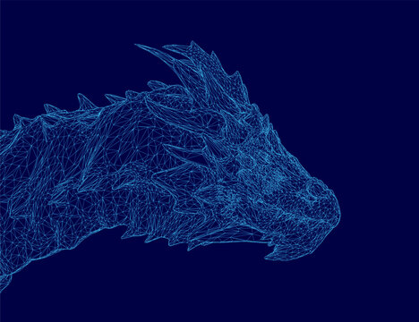 A low polygonal blue dragon head with a wireframe design of intricate lines and shapes on a dark blue background.