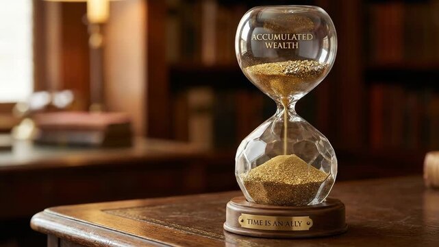 Hourglass with accumulated wealth inscribed at the top and time is an ally on its base, illustrating the concept of wealth growing over time on a wooden desk