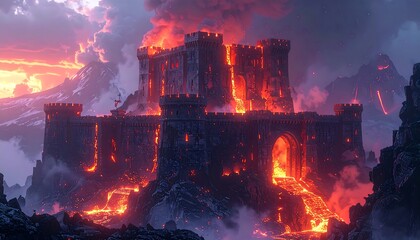 Burning castle. Vivid orange lava flows down its walls, surrounded by mountainous terrain under a smoky, dramatic sky