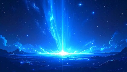 Striking azure beam shoots skyward from a horizon under a star-studded, cloud-touched, serene, and ethereal nightscape