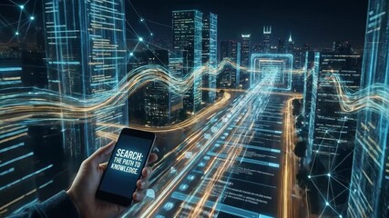 Hand holding a smartphone displays a search query. Connecting to an interconnected digital city with flowing data streams and intelligent networks. Representing online knowledge and information access