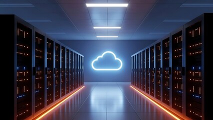 Futuristic data center hallway with glowing neon cloud sign and server racks