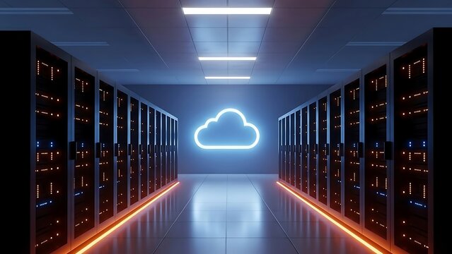 Futuristic data center hallway with glowing neon cloud sign and server racks - Powered by Adobe