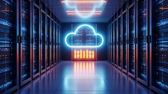 Futuristic data center aisle with glowing cloud icon symbolizing cloud computing - Powered by Adobe