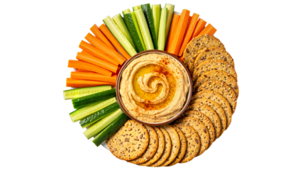 Vegan snack plate with hummus and colorful veggies on a white background with copy space
