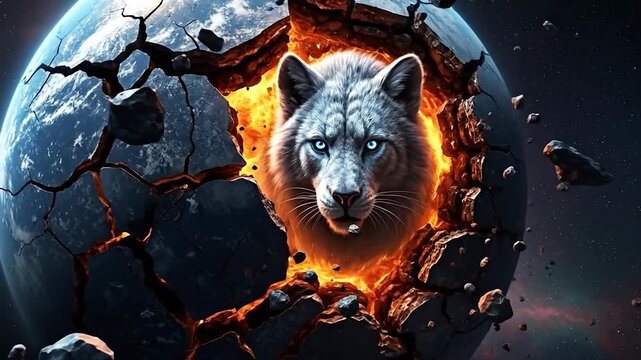 Fiery wolf emerging from cracked volcanic planet sphere in cosmic scene.