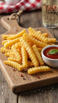 Crinkle Cut Fries with Ketchup on Wooden Board. Ai generation