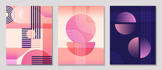 Set of modern abstract posters with geometric shapes, lines, and gradients. Minimal design in pink and purple tones, suitable for wall art, branding, and contemporary interiors.