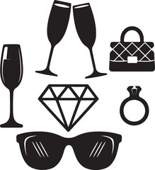 A stylish collection of luxury items including champagne, diamond, ring, handbag, and sunglasses