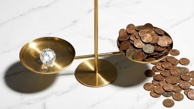 Brilliant diamond outweighing a mound of pennies on a brass scale, symbolizing quality versus quantity, wealth comparison, investment value and financial choice
