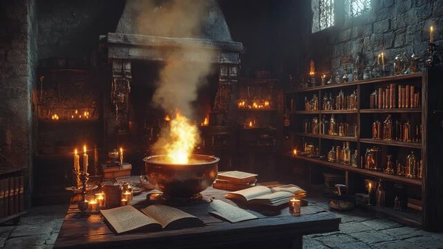In a mystical laboratory, a bubbling pot releasing a mesmerizing aroma. Flickering candles cast a warm glow, while ancient books filled with arcane secrets create an atmosphere of intrigue and wonder