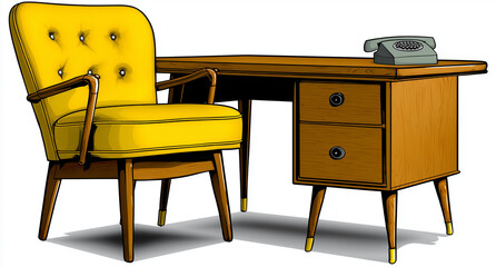 Illustrazione con poltrona e tavolo anni settanta. Fumetto.