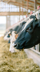 Calm holstein cow eating in sunlit modern dairy barn