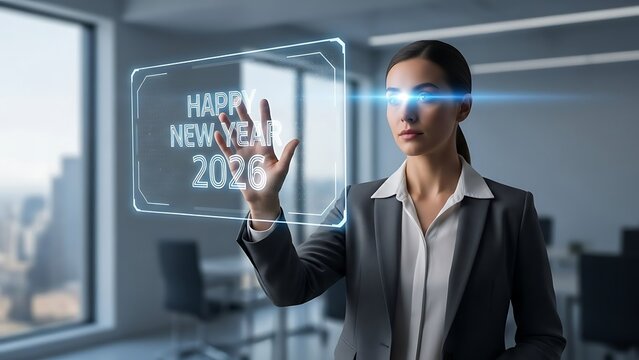Business woman interacting with virtual Happy New Year 2026 message in office - Powered by Adobe