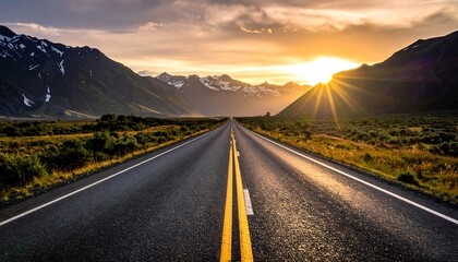 Asphalt road stretches into the distance, flanked by mountains at sunset, with sun rays beaming through