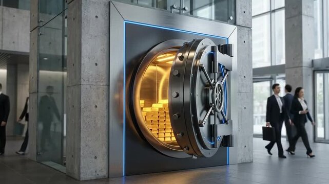 Businesspeople walking past a large, open bank vault filled with glowing gold bars, symbolizing wealth, security, and financial success within a contemporary corporate environment