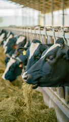 Calm holstein cow eating in sunlit modern dairy barn