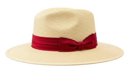 Elegant straw boater hat with red ribbon isolated PNG, classic summer headwear for sun protection and stylish fashion accessory