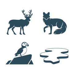 Silhouette set of arctic wildlife animals on white background. Vector illustration.