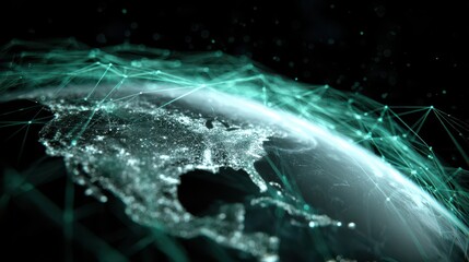 Illuminated Earth Globe with Digital Network Overlaying North America on Dark Background with Connected Points and Lines