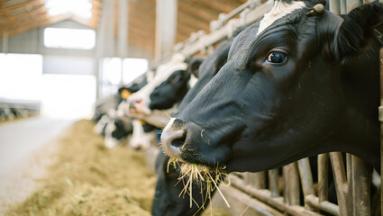 Calm holstein cow eating in sunlit modern dairy barn