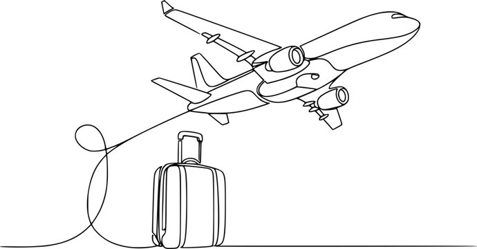 Airplane continious one line art style vector with transparent background, Airplane one line drawing on a white background, Suitcase and airplane drawn with one editable ontinuous single line drawing.
