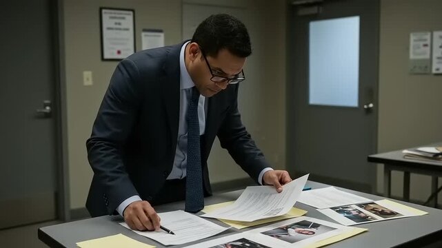 Man in suit examines documents at a desk in an office setting.