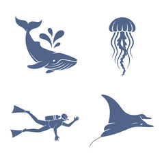 Marine creatures silhouette collection in blue