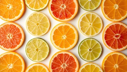 Obraz premium Colorful flat lay pattern of fresh citrus fruit slices including orange, lemon, lime, and grapefruit on a clean white background. Bright, juicy, and refreshing food background concept. 