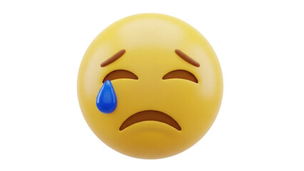 Fototapeta premium Sad yellow emoji with a blue tear isolated PNG, crying face emoticon on transparent background for social media and design use