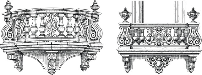 Fototapeta premium Ornate Classical Balcony Architecture Etching Engraving Style Vector Icon Set Isolated Historic Decorative Facade Illustration