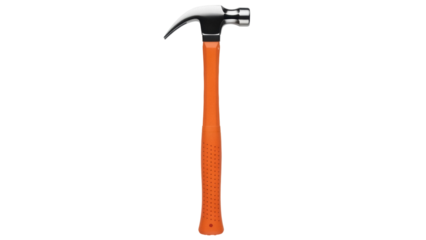 Claw hammer isolated PNG on transparent background, orange handle tool for construction and home improvement projects