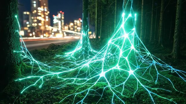 Bioluminescent web-like roots in a dark forest connecting to trees. Forming an intricate network against a blurred background of city lights. Symbolizing technology and nature's harmonious integration