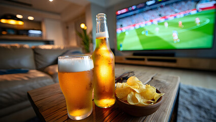 Ice-cold beer and chips on table during evening football match at home