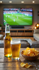 Ice-cold beer and chips on table during evening football match at home