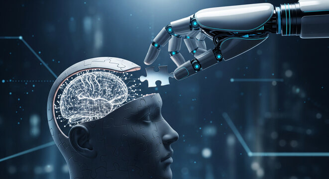 Artificial intelligence is conquering the world and taking away human thinking. An artificial intelligence robot hand removing a puzzle piece from a human head.