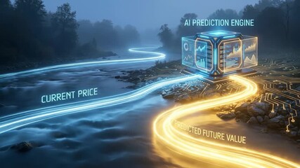 Ai prediction engine processing current price data from a digital river, generating predicted future financial value, illustrating the concept of artificial intelligence in finance and data analysis - Powered by Adobe