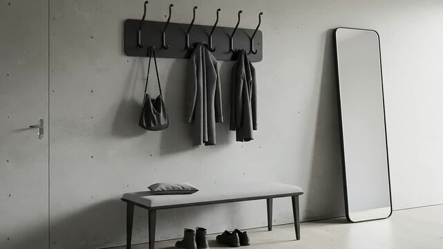 Modern entryway with bench, mirror, and coat rack, minimalist design.