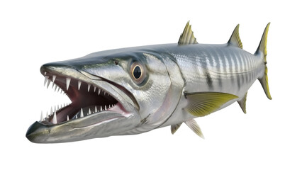 Barracuda fish with sharp teeth isolated PNG, predatory sea animal with open mouth on transparent background