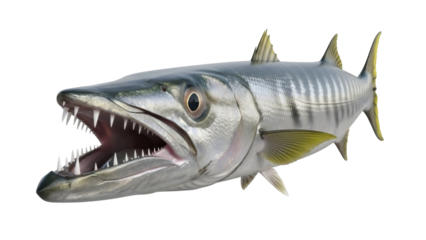 Barracuda fish with sharp teeth isolated PNG, predatory sea animal with open mouth on transparent background