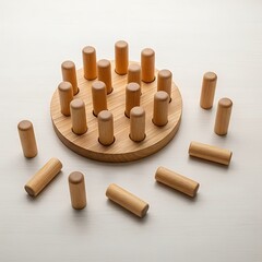 Elevated view of a wooden peg game on a surface evokes family activity