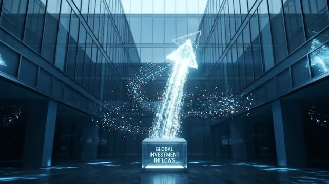 Investment inflows emitting from a glass box and forming a glowing upward arrow, symbolizing global business expansion, financial growth, and technological advancement in a modern corporate setting